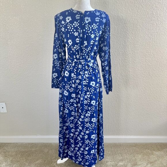 Batik Keris Dress Sz Medium Kaftan Royal Blue Floral Print Tie Waist Wax Process - Picture 7 of 15